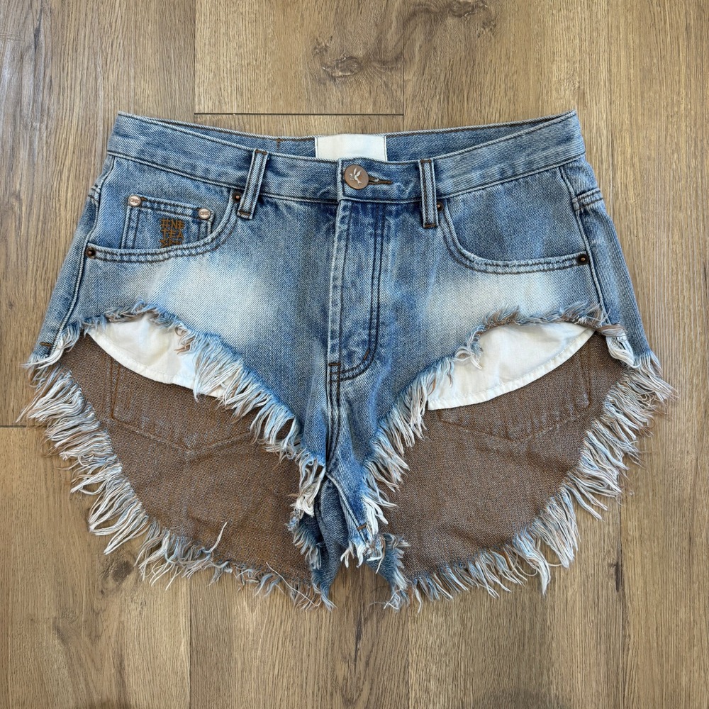 One Teaspoon Light Blue Distressed High-Waist Denim Shorts